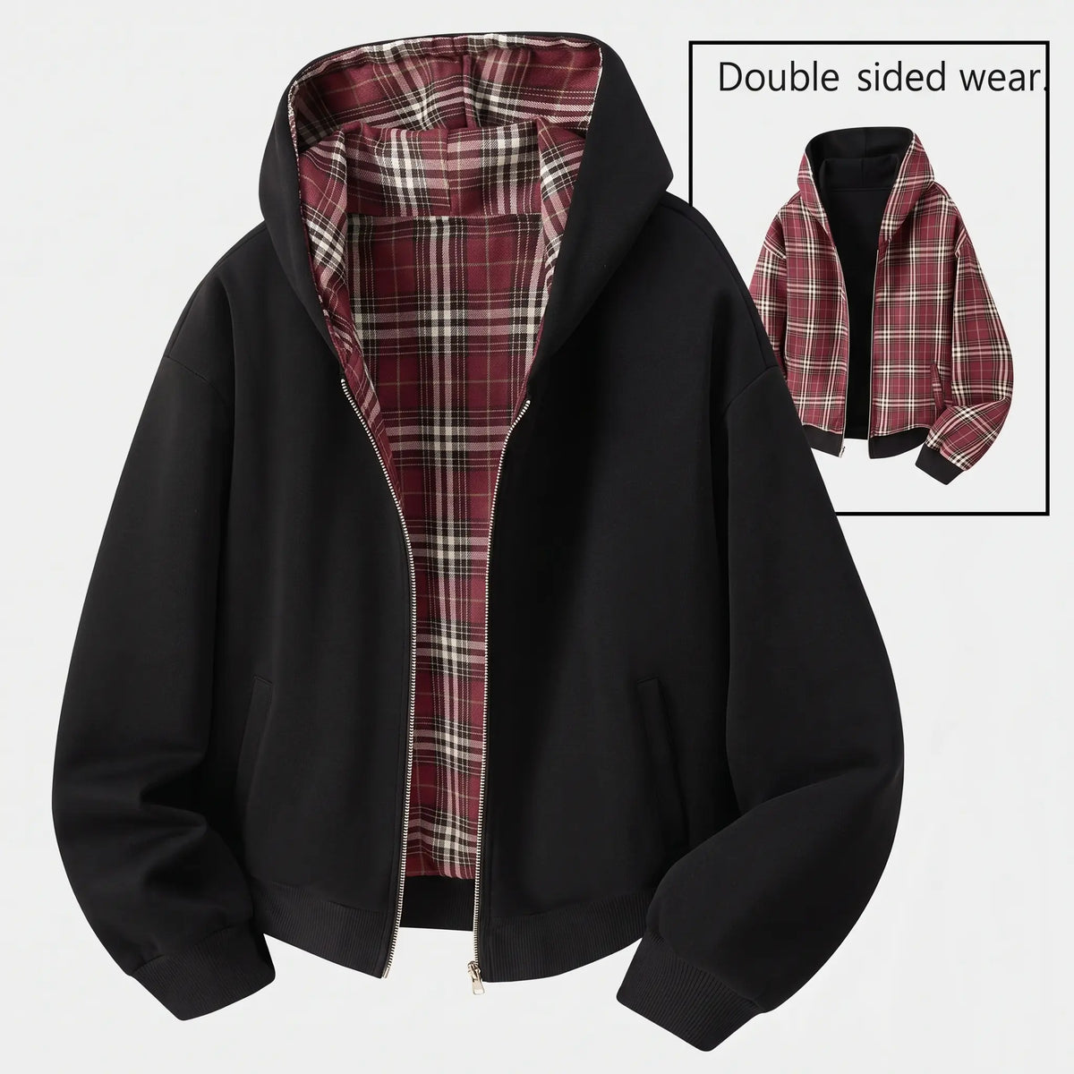 Unisex Cotton Plaid Reversible Hooded Jacket