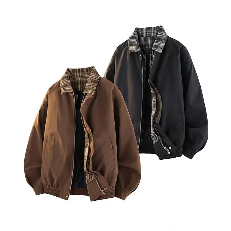 Men's Vintage Plaid Brown Jacket Workwear Lapel Coat Polyester