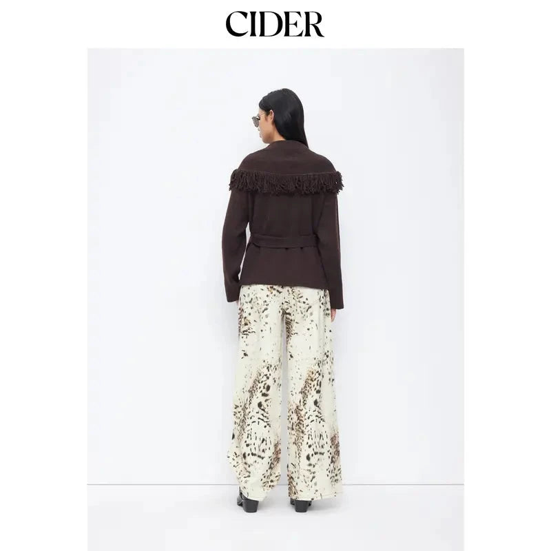 Cider Women's Fringed Wool-Blend Long Wrap Cardigan with Tie Belt