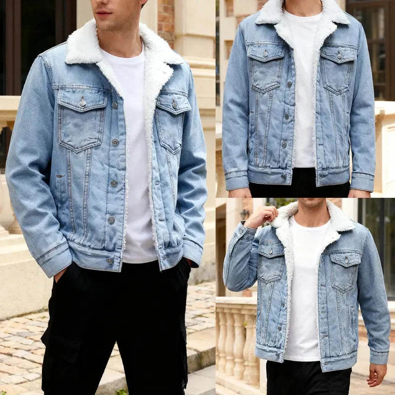 Kingapril Men's Sherpa Lined Denim Jacket Warm Casual Trucker Jacket