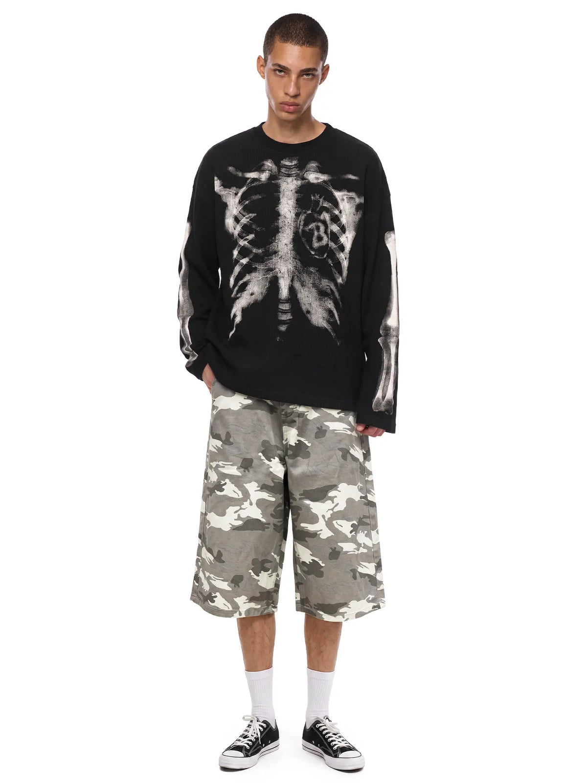 Skull Graphic Waffle Long-Sleeve Cotton T-Shirt